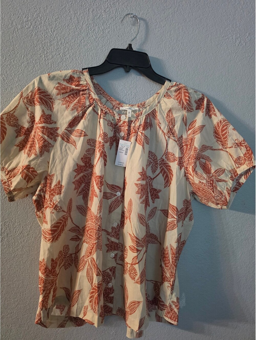 Maurices Large Button-Up Cotton Blouse with Leaf Print